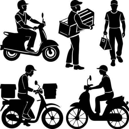 Couriers Delivering Food Parcels on Bicycles Amid Bustling City Streetsのイラスト素材