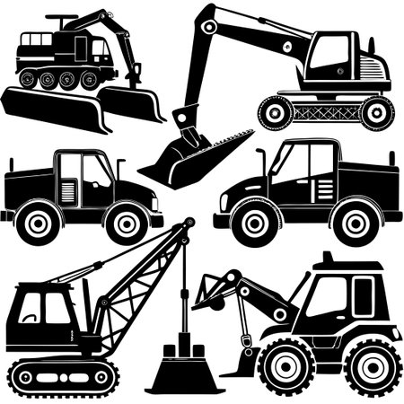 Detailed Silhouettes of Construction Equipment Against a White Backgroundのイラスト素材