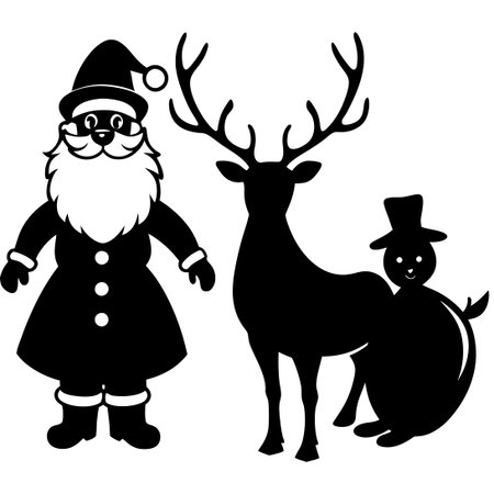 Festive Holiday Scene in Black Silhouette with Reindeer, Santa Claus, and a Snowman on a White Backgroundのイラスト素材
