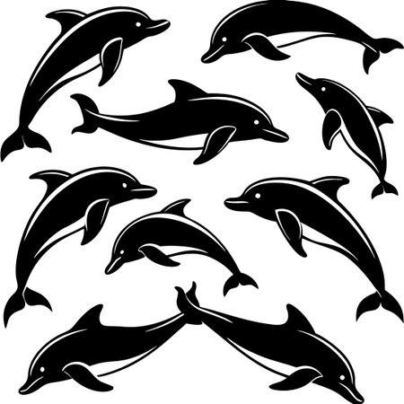 Graceful Dolphins Swimming in a Serene Silhouette Against the Horizonのイラスト素材