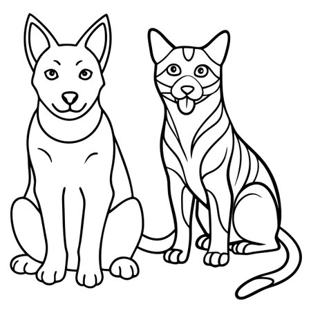 Continuous Line Drawing Sketch Depicting a Dog and Cat Sitting Side by Sideのイラスト素材