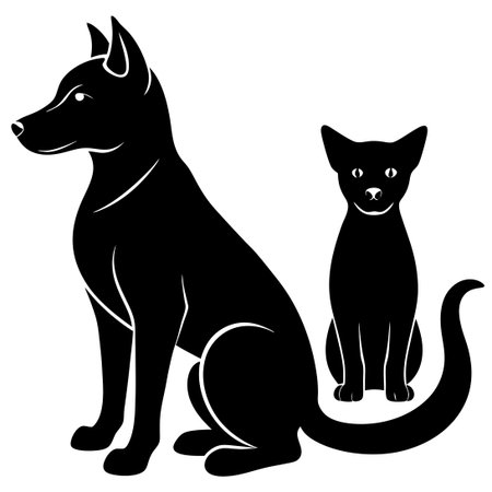 Isolated Silhouette of a Dog and Cat Facing Each Other on a White Backgroundのイラスト素材