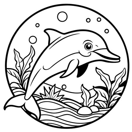 Underwater World Coloring Outline Featuring a Playful Dolphinのイラスト素材