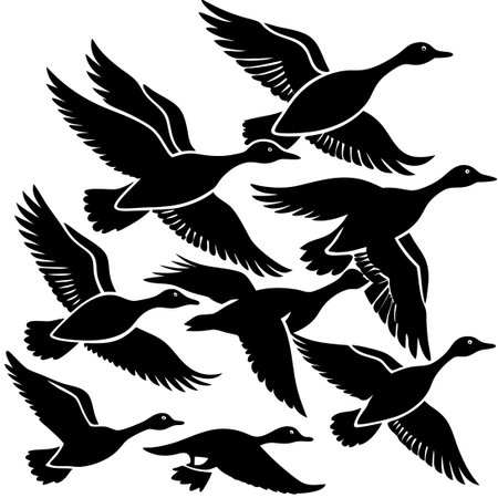 Silhouette of a Flock of Flying Ducks Isolated on a Transparent Backgroundのイラスト素材