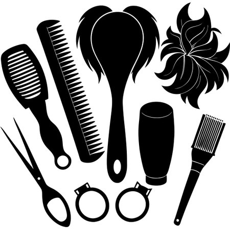 Comprehensive Vector Silhouette Collection of Hair Equipment Tools for Styling and Groomingのイラスト素材