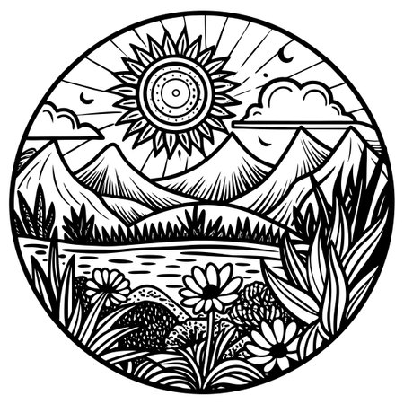 Black and white illustration of a lake, mountains, sun and flowersのイラスト素材