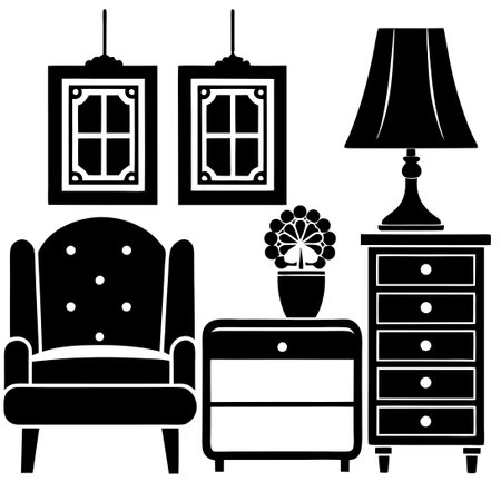 Minimalist Vector Graphic of Home Furniture Silhouettes on a White Backgroundのイラスト素材