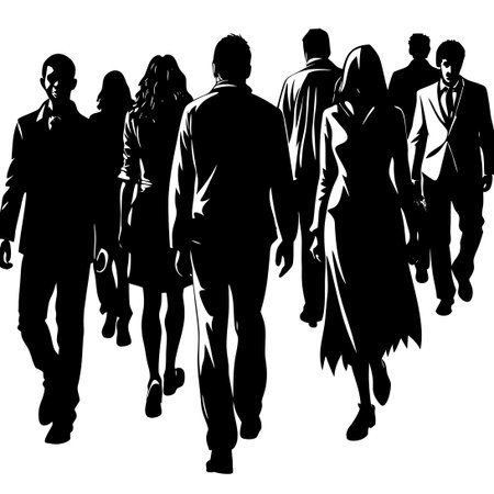Isolated Silhouettes of People Walking Together in a Group Formationのイラスト素材