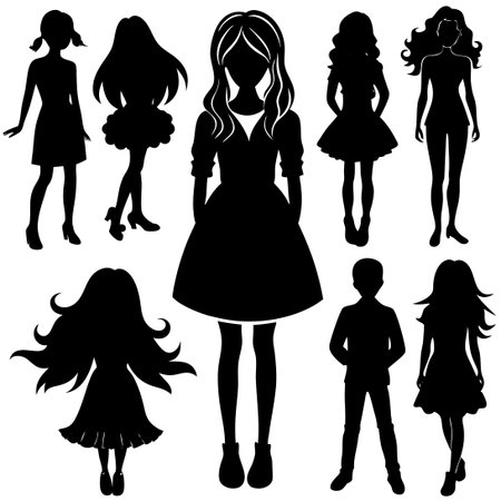 Collection of Isolated Silhouettes of a Teenage Girl in Various Posesのイラスト素材