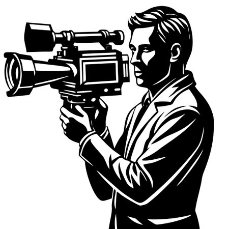 Silhouette of Man Filming with Video Camera on White Background