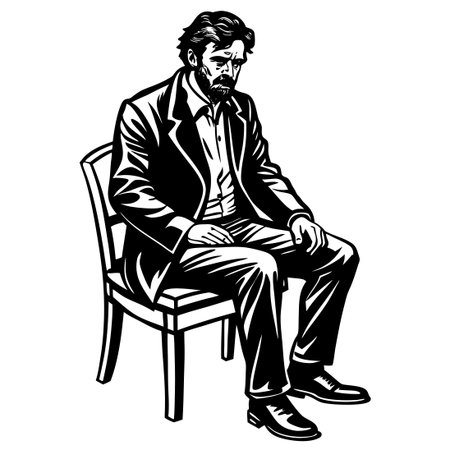 Pencil Sketch of a Man Sitting Elegantly on a Wooden Chairのイラスト素材