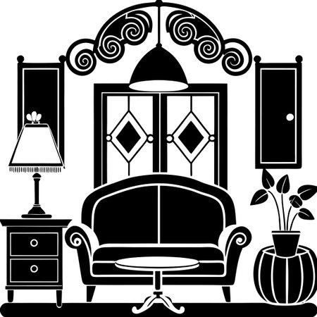 Silhouette of Furniture and Decor in a Living Room Settingのイラスト素材