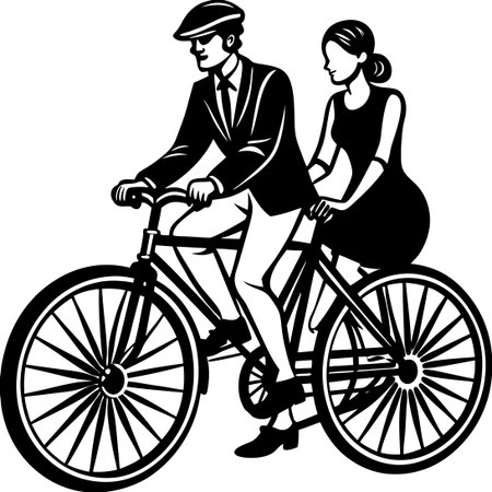 Romantic Silhouette of a Couple Cycling Together on a White Backgroundのイラスト素材