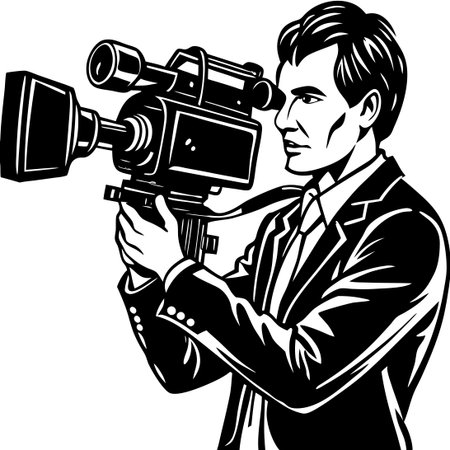 Man Silhouetted Filming with Video Camera on a White Backgroundのイラスト素材