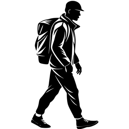 Backpacker Silhouette Traversing Serene White Landscapeのイラスト素材