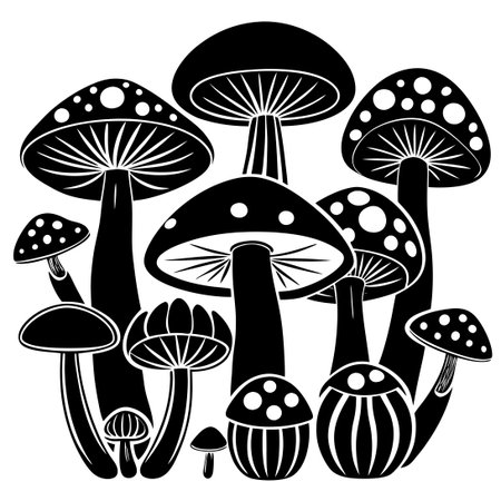 Intriguing Set of Mushroom Silhouettes Isolated on White Backgroundのイラスト素材