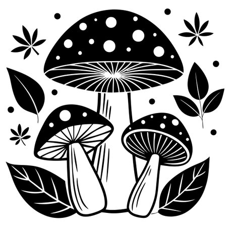 Autumnal Mushrooms Nestled Amidst Colorful Leaves in Flat Photographのイラスト素材