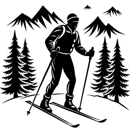 Vector Illustration of Nordic Skiing in a Snowy Landscape with Three Figuresのイラスト素材