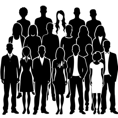 Vibrant Silhouette Crowd of Multicolored People in Motion on White Backgroundのイラスト素材