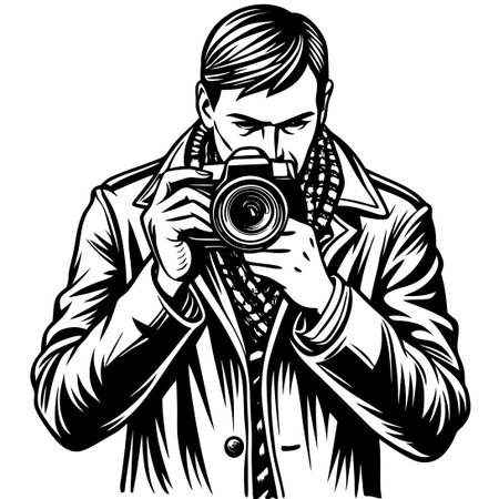 Monochromatic Sketch of a Photographer Captured on a Pure White Backgroundのイラスト素材