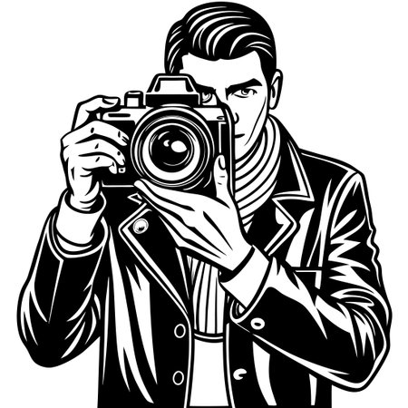 Minimalist Vector Sketch of a Photographer with Camera on White Backgroundのイラスト素材