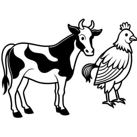 One continuous line drawing of a cow, horse, and chickenのイラスト素材