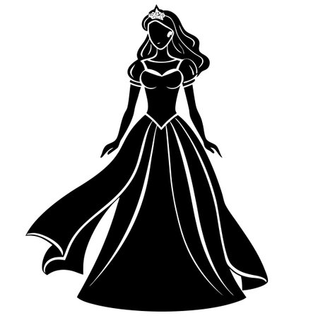 Elegant Silhouette of a Princess Bride in Flowing White Gown on a Pure White Backgroundのイラスト素材