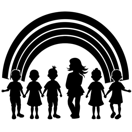 Rainbow Silhouette of Children (Boys and Girls) Standing Apart in Isolationのイラスト素材
