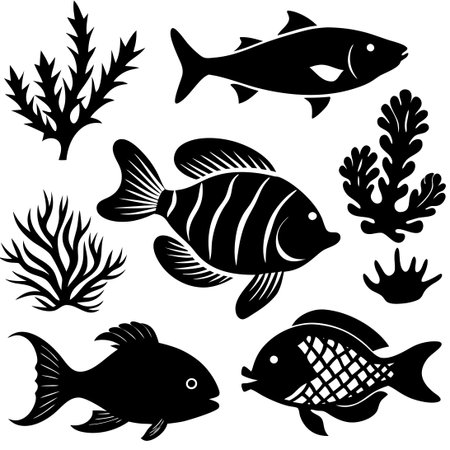 Silhouette of Sea Animals, Fish, and Algae on White Backgroundのイラスト素材