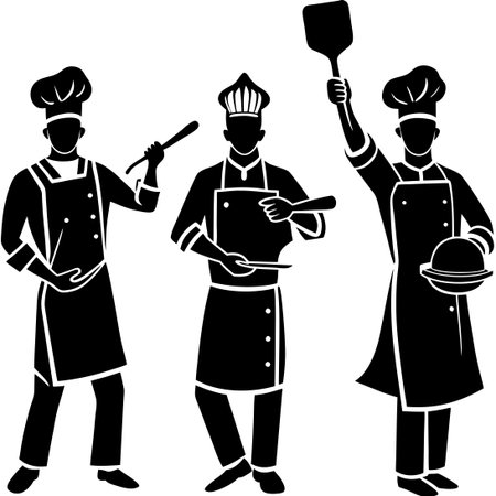 Silhouette of a Group of Chefs Cooking in Black Vectorのイラスト素材