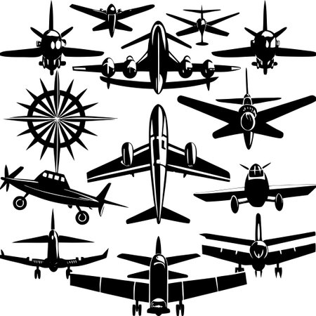 Vector Illustration of a Collection of Airplanes Against a White Backgroundのイラスト素材