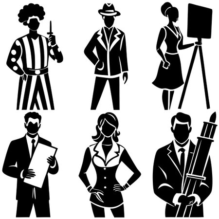 Set of Artists Silhouettes in Dynamic Poses on White Backgroundのイラスト素材