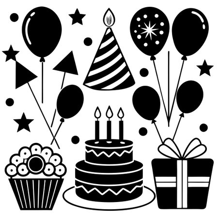 Comprehensive Set of Birthday Elements in Minimalist Vector Styleのイラスト素材