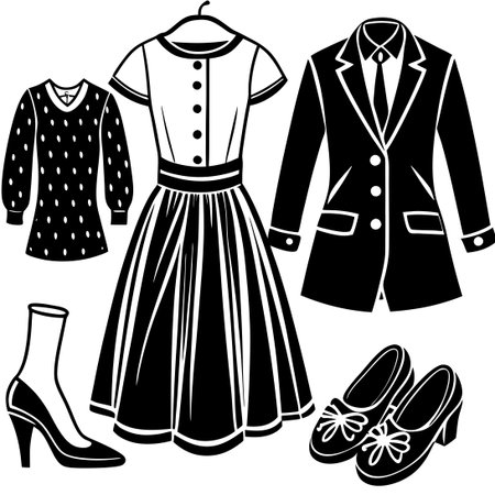 Stylish Wardrobe Essentials: Dress, Jackets, and Shoesのイラスト素材