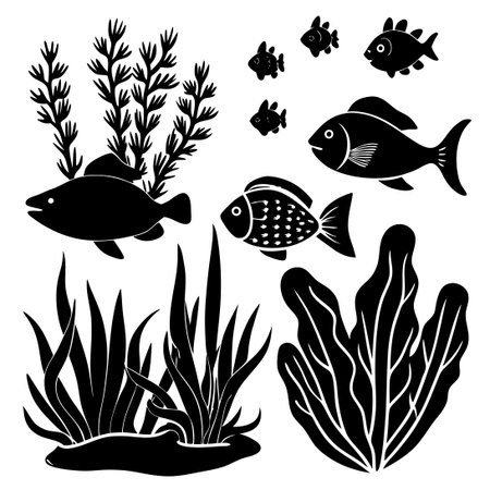Intricate Black Silhouettes of Algae and Fish Isolated on White Backgroundのイラスト素材