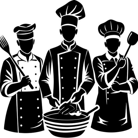 Set of Black Silhouette Images of Chefs Cooking in Kitchensのイラスト素材