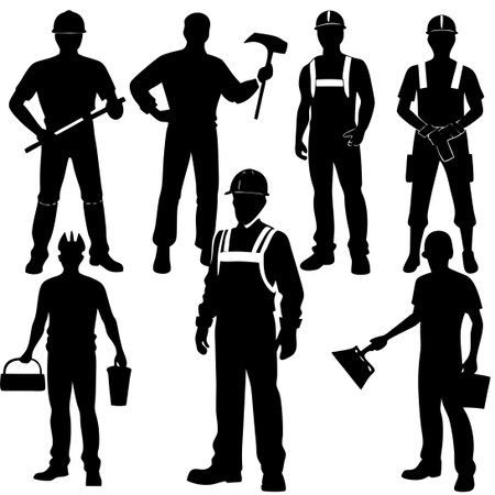 Collection of Builder Silhouettes Displaying Diverse Poses and Tools in Black on White Backgroundのイラスト素材