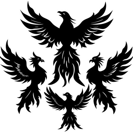 Intricate Set of Watercolor Phoenix Silhouettes on a Pure White Backgroundのイラスト素材