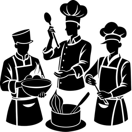 Silhouette of Chefs Cooking in a Restaurant Kitchenのイラスト素材
