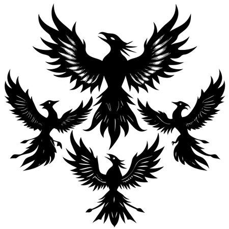 Set of Elegant Bird Phoenix Silhouettes in Watercolor on White Backgroundのイラスト素材