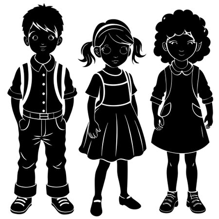 Silhouette of a Multitude of Cheerful Children Standing and Sitting Vectorのイラスト素材