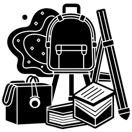 Essential School Backpack Items: Books, Paints, and More for Educationのイラスト素材