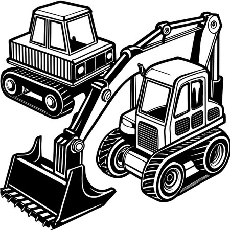 Comprehensive Set of Detailed Excavator and Bulldozer Sketches in Outline Vector Formatのイラスト素材