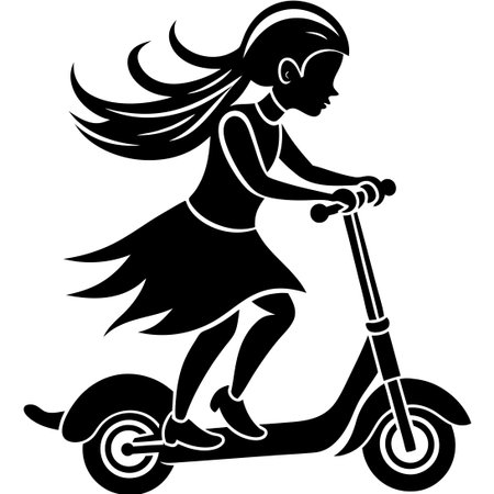 Set of Silhouette Vector Illustrations Depicting a Girl Riding a Scooter in Various Posesのイラスト素材