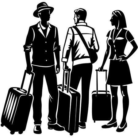 People Traveling with Luggage: Silhouette of Travelers with Suitcasesのイラスト素材