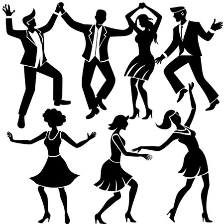 Vibrant Flat Vector Illustration of Dancing Figures in Motionのイラスト素材