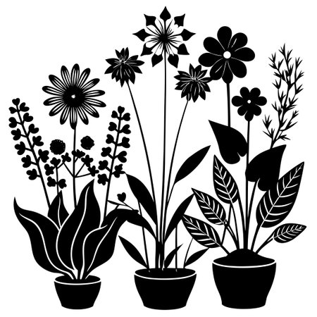 Diverse Silhouette of Plants and Flowers Adorning a Blank White Backgroundのイラスト素材