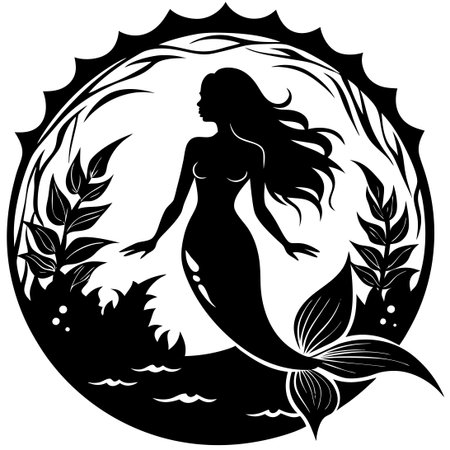 Silhouettes of a Magical Mermaid Family in Tranquil Watersのイラスト素材