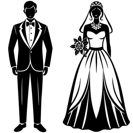 Collection of Exquisite Bridal and Groom Wedding Attire in Set Formatのイラスト素材