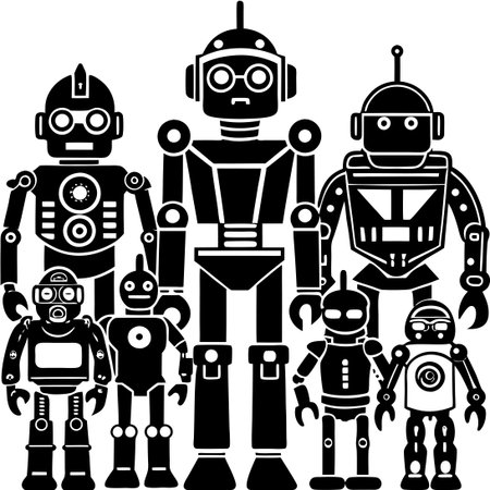 Robots in a line art style. Black and white vector illustration.のイラスト素材
